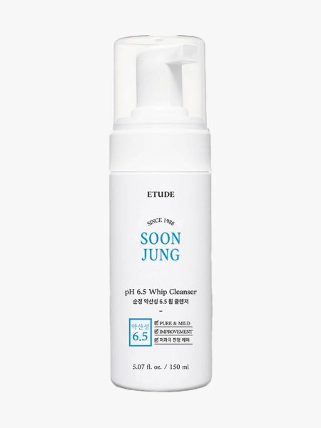 Etude white branded facial cleanser with blue accents and clear cap on light gray background